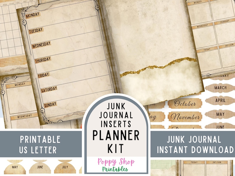 May include: Printable junk journal planner kit with vintage style pages, labels, and tabs. The kit includes a variety of designs, including monthly calendars, weekly spreads, and blank pages. The kit is perfect for adding a personal touch to your journal.