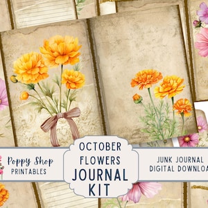 Kit de journal indésirable, octobre, fleurs du mois de naissance, vintage, minable, souci, cosmos, page de journal, journal indésirable, éphémère, imprimable, téléchargement