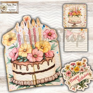 May include: A printable birthday card featuring a cake with candles and flowers. The card is decorated with a brown and white rope border and the words "Happy Birthday".
