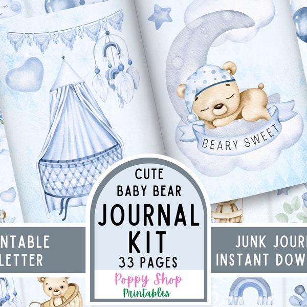 Junk Journal Kit, Baby Book, Baby Boy, Teddy Bear, Boho, Vintage, Printable, Journal Kit, Printable Baby Journal, Blue, Instant Download