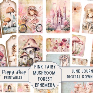 Pink Mushroom Ephemera, Vintage, Pink Fairy, Forest, Junk Journal Kit, Journaling Supplies, Printable, Tags, Scrapbook, Digital Download