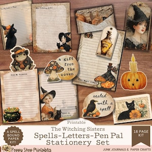 May include: A printable stationery set featuring a witchy theme. The set includes lined paper, tags, and stickers with illustrations of black cats, pumpkins, mushrooms, and witches. The text includes "The Witching Sisters" and "Spells-Letters-Pen Pal Stationery Set."