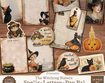 Witchy stationery set for letter writing and snail mail, a spellbound pen pal kit with witchy paper, envelopes, and ephemera for Halloween