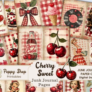 Może przedstawiać: Cyfrowe papiery do druku z wzorem czerwono-białej kratki, wiśniami i tekstem "Cherry Sweet" oraz "Life is just a bowl of cherries".