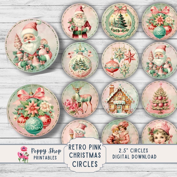 Pink Christmas Circle Tags Gift Labels 2.5 inches, DIY, Christmas, Tag, Labels, Retro, Collage Sheet, Santa, Stickers, Digital Download