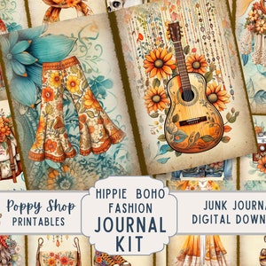 Boho hippie, kit de journal indésirable, vintage, pages de journal, journal indésirable, bohème, mode, hippie, années 70, éphémère, imprimable, scrapbooking, téléchargement