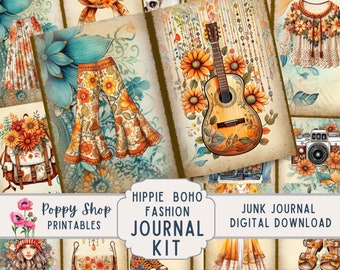 Boho Hippie, Junk Journal Kit, Vintage, Journal Pages, Junk Journal, Boho, Fashion, Hippie, 70&#39;s, Ephemera, Printable, Scrapbook, Download