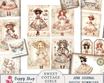 May include: Digital printable set of illustrations featuring cute cottagecore girls in various poses and outfits. The illustrations are perfect for junk journaling, scrapbooking, and other craft projects. The set includes a variety of images, including girls wearing hats, holding umbrellas, and carrying baskets of flowers. The illustrations are in a vintage style with a soft colour palette.