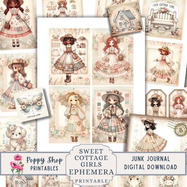 Cottage Girl Ephemera, Little Girl, Junk Journal Ephemera, Junk Journal Kit, Scrapbook, Country, Shabby, Collage Sheet, Printable, Download