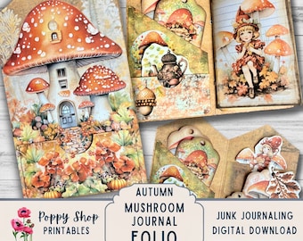 Autum Mushroom Folio Junk Journal, Printable Folio, Vintage, Folding Pocket Folder, Fall, Journal Ephemera, Printable, Digital Download