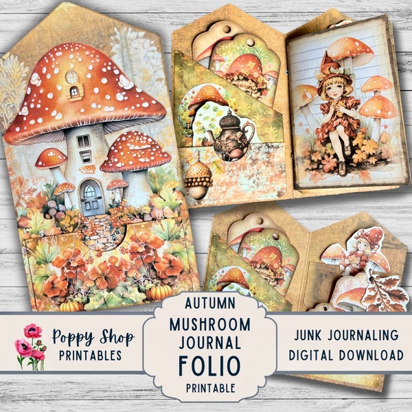 Autum Mushroom Folio Junk Journal, Printable Folio, Vintage, Folding Pocket Folder, Fall, Journal Ephemera, Printable, Digital Download