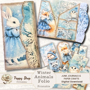 Hiver, Animaux de l'hiver à folio, Neige, Lapin à folio, Journal indésirable, Pochettes, Imprimable, Renard, Pochette de rangement pliante, Créations en papier, Éphémères