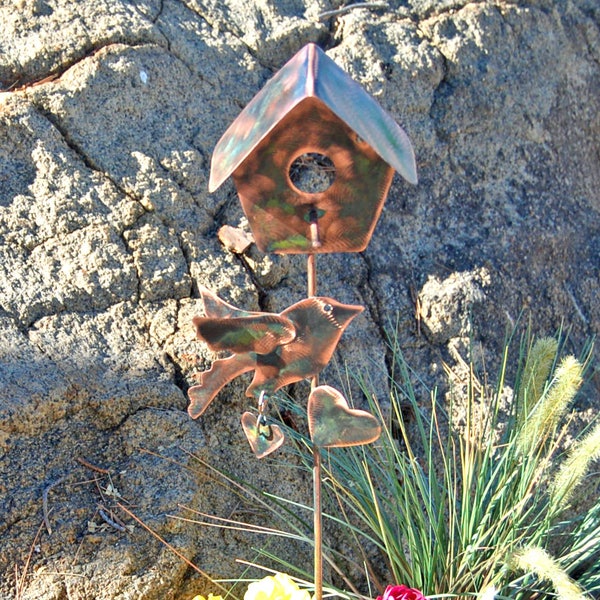 Birdhouse Garden Stake, Yard Art, Metal Garden Art, Copper Garden Art, Bird Art, Outdoor Sculpture, Bird Lover Gift, Garden Memorial Stake,