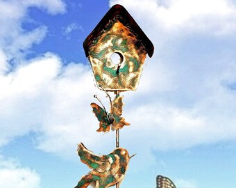 Copper Birdhouse Garden Stake | Unique Yard Art for Bird Lovers | Gift Idea for Nature Enthusiasts