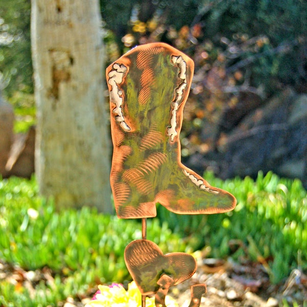 Cowboy Boot Yard Art Garden Plant Stake, Metal Garden Art, Garden Copper Art, Outdoor Sculpture, Garden Marker, Home and Garden Decor,
