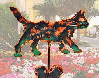 Handcrafted Cat Garden Stake in Copper - Unique Yard Art Decoration Patina Finished