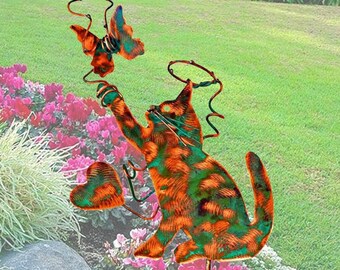 SOLD / RESERVED CAT Angel Metal Copper Garden Yard Art Stake / Outdoor Sculpture / Pet Memorial Grave Marker / Butterfly Kitty Ornament