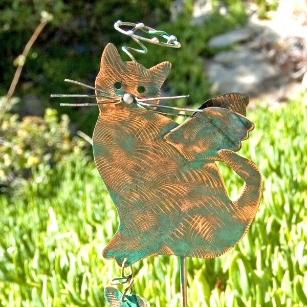 CAT Angel Pet Memorial Metal Copper Plant Stake Garden Grave Marker Yard Art Outdoor Kitty Feline Silhouette Spike Patina Finish