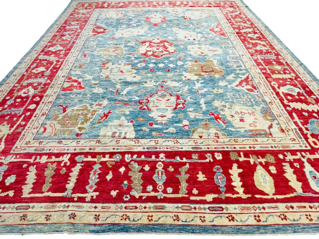 13x16 Green and Rust Vintage Area Rug, Handmade in Ushak. - Etsy