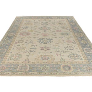 10x14 Ivory and Light Blue Vintage Area Rug, Handmade in Ushak.