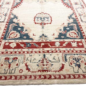 10x14 Ivory and Blue Vintage Area Rug, Handmade in Ushak.