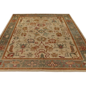 10x14 Ivory and Light Blue Vintage Area Rug, Handmade in Ushak.