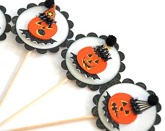 Nostalgic Halloween Cupcake Toppers, Rustic Halloween Jack O Lantern