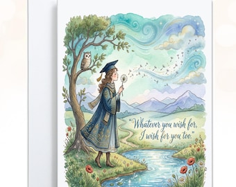 Watercolor Graduation Card, Dandelion and Owl, Whatever you wish for I wish for you too