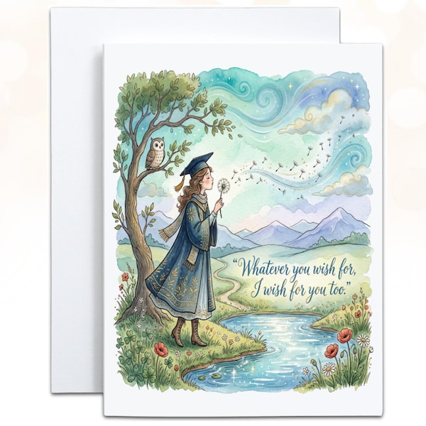 Watercolor Graduation Card, Dandelion and Owl, Whatever you wish for I wish for you too