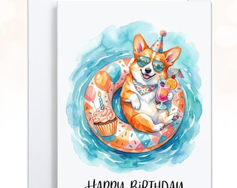 Corgi Pool Party Birthday Card, Dog Lover Gift