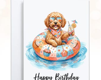 Cavapoo Pool Party Birthday Card, Dog Lover Gift