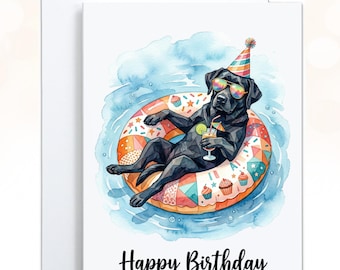 Black Labrador Pool Party Birthday Card, Dog Lover Gift
