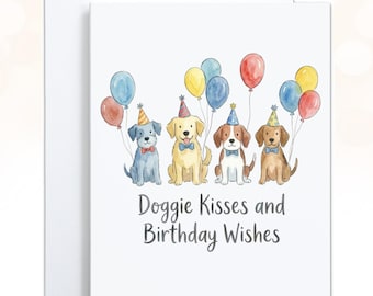May include: White greeting card with an illustration of four dogs wearing party hats and bow ties, holding balloons. The text "Doggie Kisses and Birthday Wishes" is written below the dogs. A matching envelope is included.