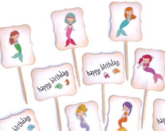 Mermaid cupcake toppers. Beach party. Mermaid birthday party supplies. Fish. Mermaid baby shower. Mermaid decor. Happy Birthday. Seahorse.