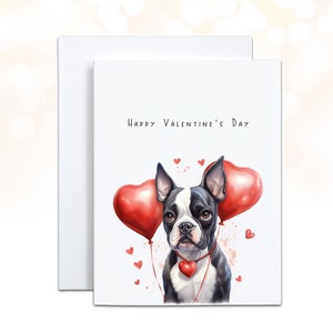 Boston Terrier Valentines day card with heart balloons