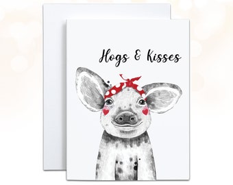 Cute Pig Valentines, Pig Card, Hogs and Kisses Funny Valentine Card for Kids, Farm Animals, Pig Gifts, Punny Anniversary Card, Love Day Card