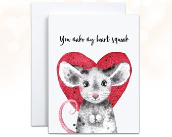 Mouse Valentine Card, You Make my Heart Squeak, Mouse Anniversary Card, Kids Valentines, Love Card, Heart Greeting Card, Personalized Card