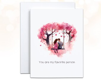 Sweet Valentines Day Card, You are my Favorite Person, Anniversary Card for Wife, Pink Watercolor Trees Love Card, Sitting in a Tree Kissing