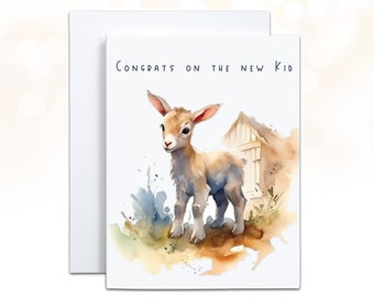 Baby Congratulations Card, Congrats on the New Kid Goat Card, Goat Gifts, Farm Animal Baby Shower Card, Cute Goat Greeting Card, Funny Puns