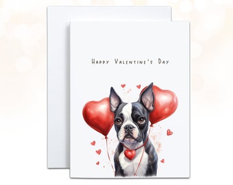 Boston Terrier Valentine Card, Dog Valentines, Boston Terrier Mom, Personalized Dog Lover Card, Heart Balloons, Black and White Boston