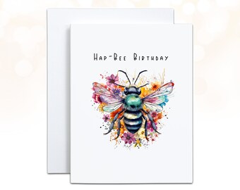 Bee Birthday Personalized Card, First Bee Day, Hap-Bee Birthday Card, Floral Bee Art, Punny Birthday Card, Watercolor Bee with Flowers