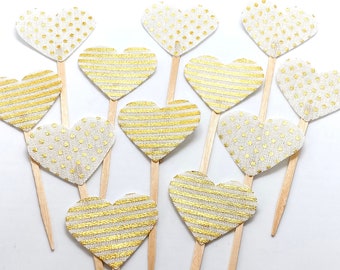 Heart Cupcake Toppers, Gold Fabric Hearts Cupcake Toppers, Gold Hearts Valentines Day Decor, Polka Dots and Stripes, Anniversary Decor