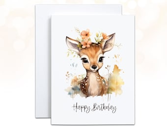 Deer Birthday Card, Onedeerful Woodland Birthday Theme, Fawn Cottagecore Happy Birthday, 1st Birthday Watercolor Personalized Card for Her