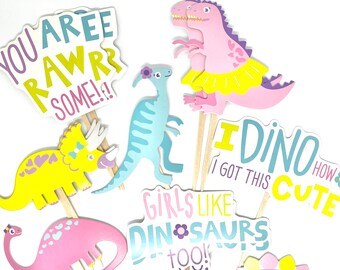Dinosaur Cupcake Toppers. Girls Dinosaur Party. Dinosaur Party Decor. Dinosaur Sticker Set. Dino Birthday.