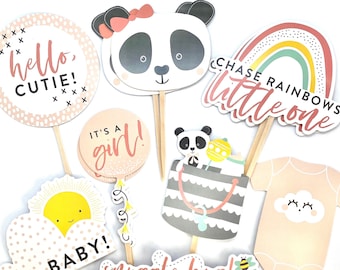 Baby Girl Cupcake Toppers, Its a Girl Toppers, Baby Shower Decor, Cute Panda, Chase Rainbows, Hello Cutie, Oh Baby, Baby Girl Sticker Set