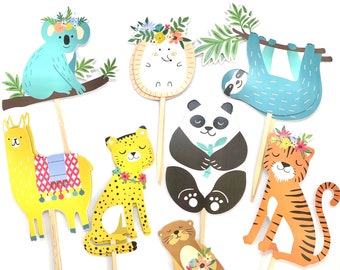 Safari Animal Cupcake Toppers, Wild One Party, Zoo Animals Baby Shower, Party Animal Decor, Animal Stickers, Animal Birthday, Sloth, Panda