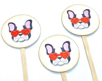 Valentines Day Decor Cupcake Toppers, Puppy Cupcake Toppers, Boston Terrier Decor, Heart Cupcake Toppers