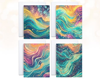 Watercolor Ocean Waves Set of 8 Cards with Envelopes, Surfer Cards, Whimsical Bright Beach Art Blank Greeting Cards, Surf Gifts