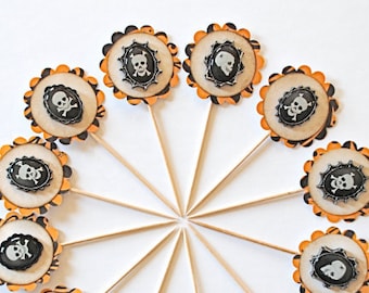 Skull Halloween Cupcake Toppers, Orange and Black Halloween Decor