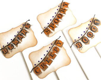 Halloween Banner Cake Toppers, Halloween Party Decor Set of 4
